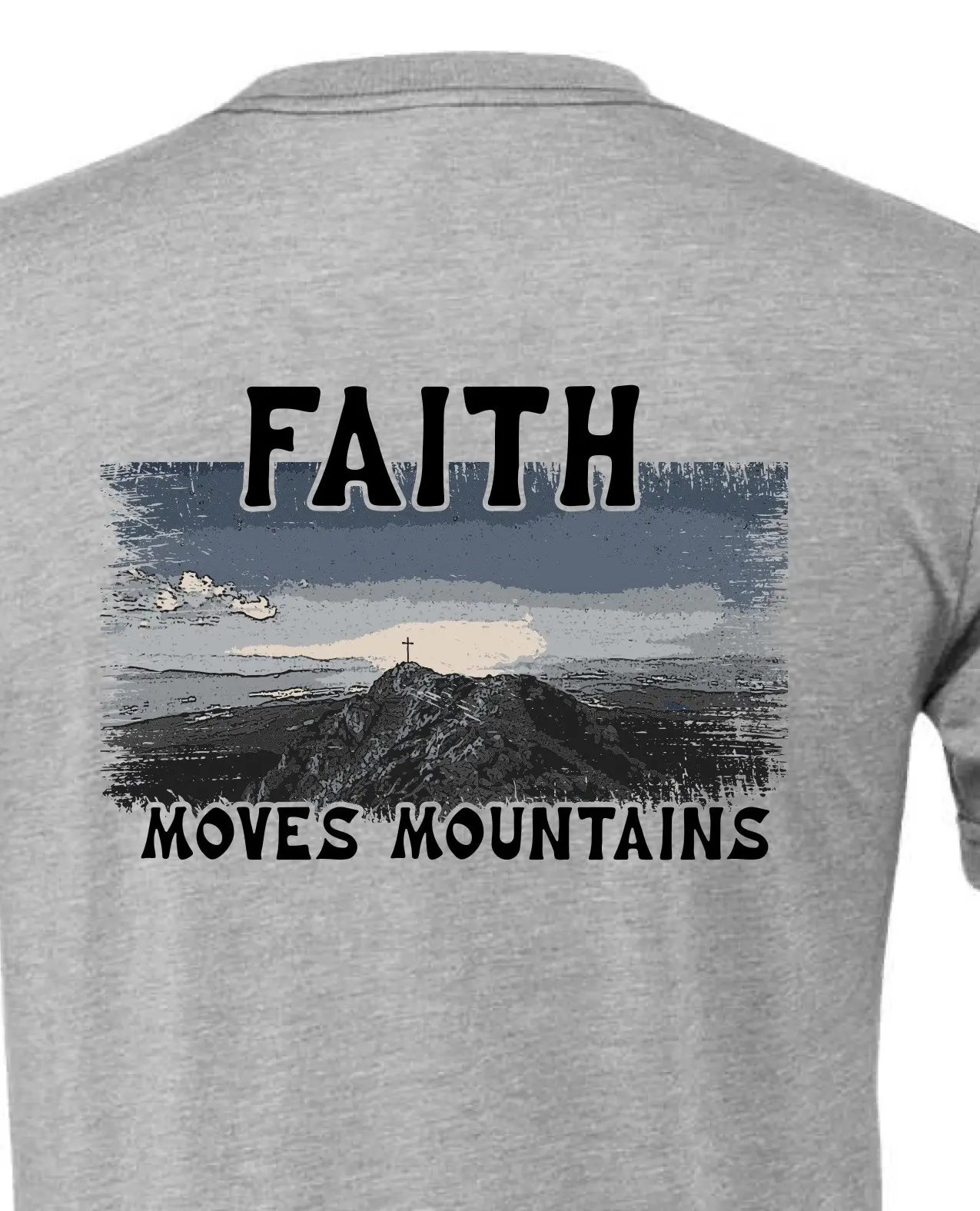 Faith Moves Mountains in Athletic Heather, print detail