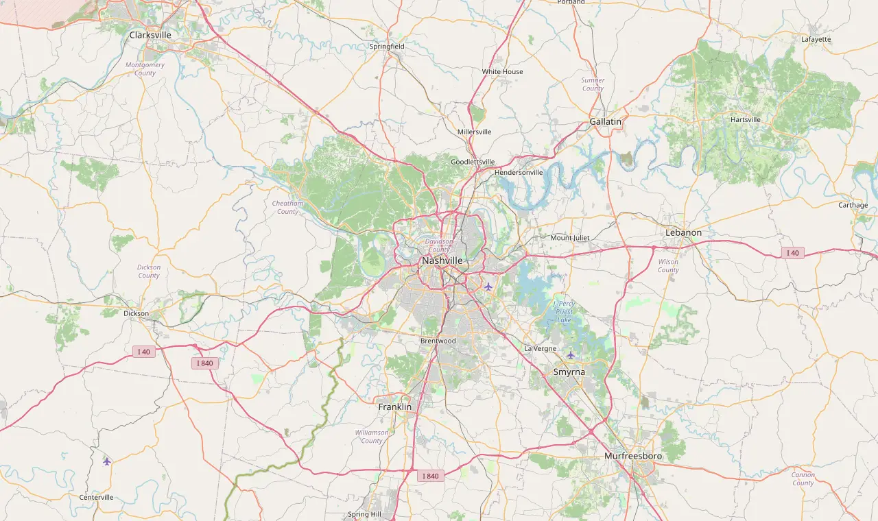 Map of the Nashville, Tennessee area
