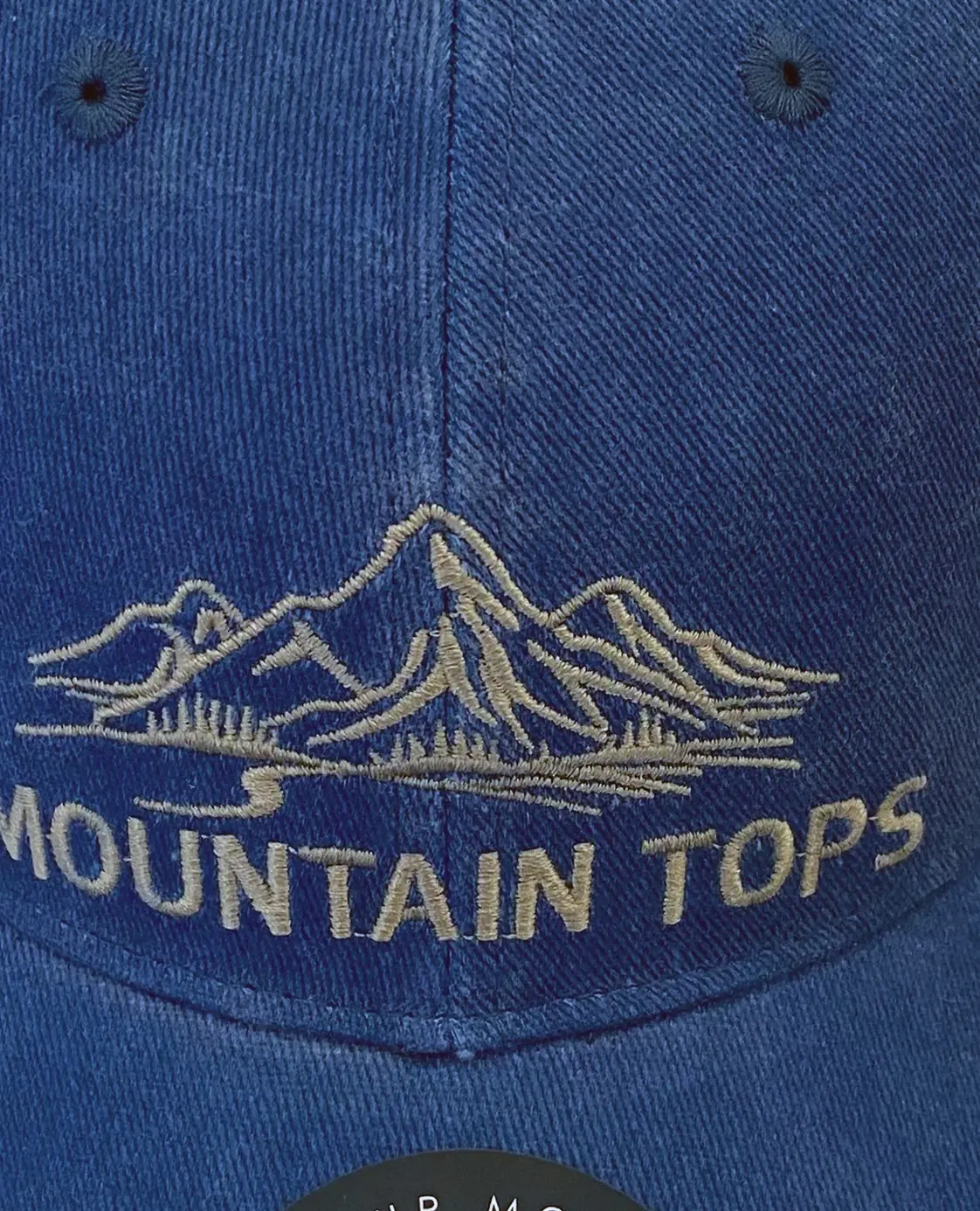 Distressed Logo Hat in Blue / Tan Mesh, patch detail