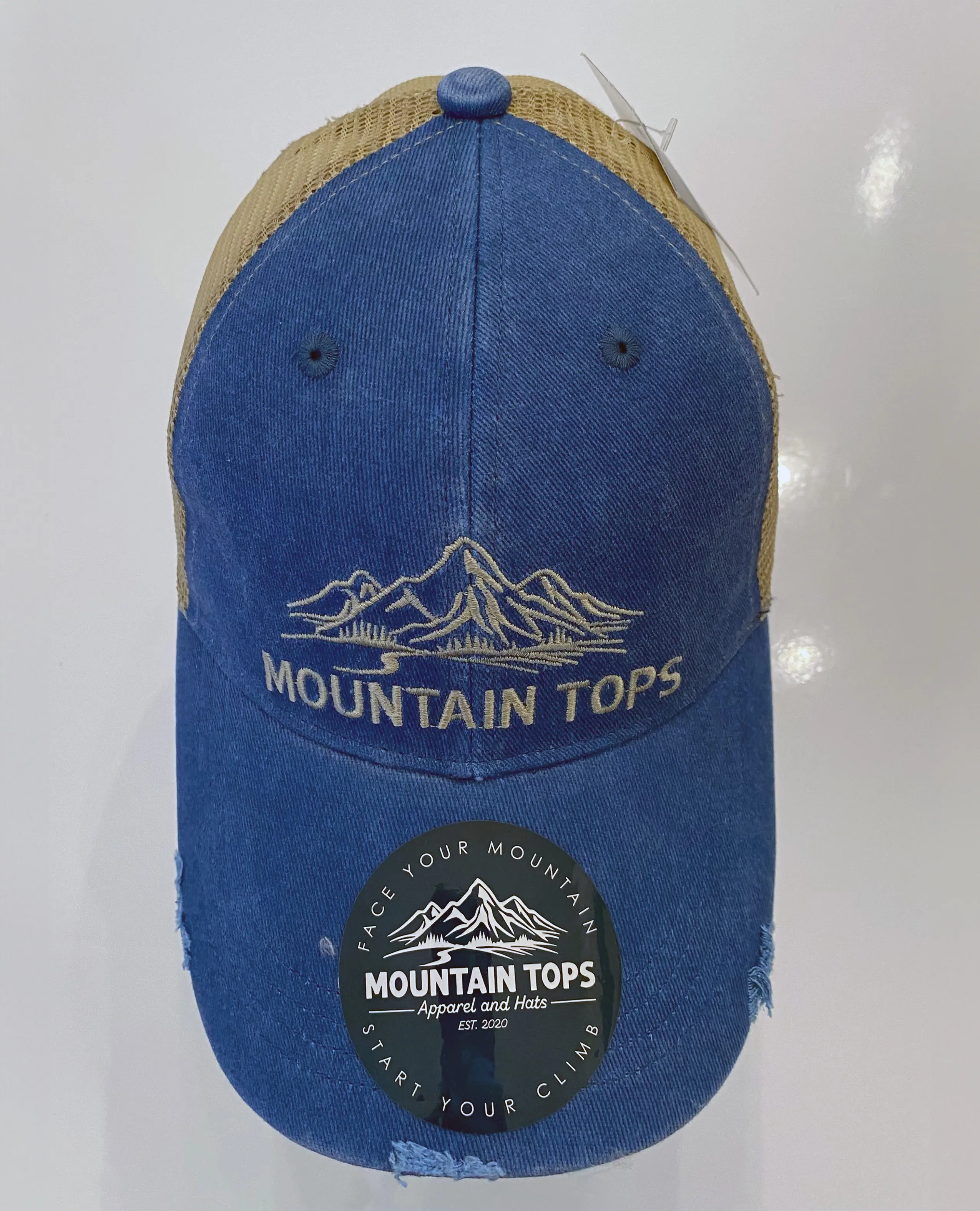 Distressed Logo Hat in Blue / Tan Mesh, front