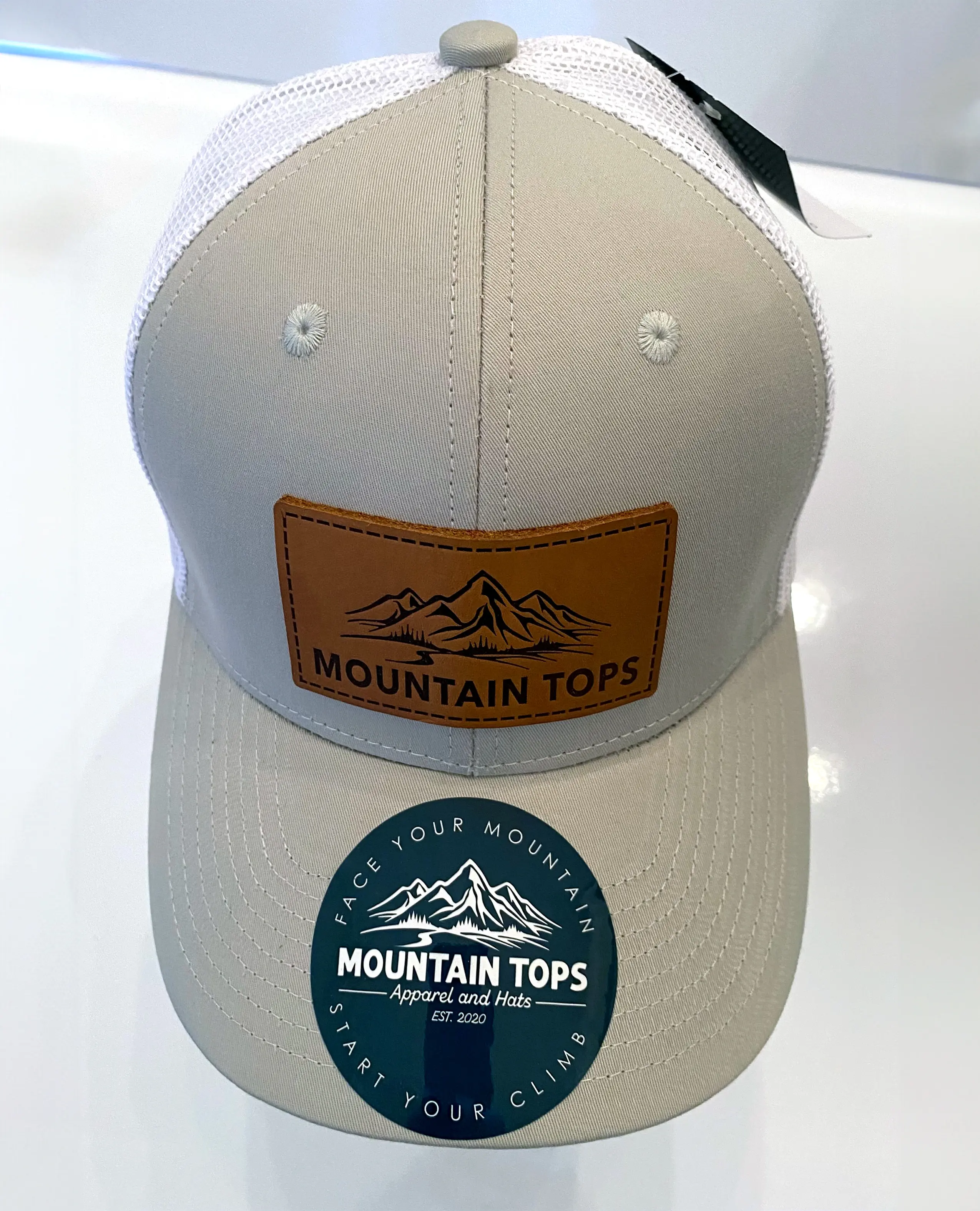 Leather Patch Hat in Tan / White Mesh, front
